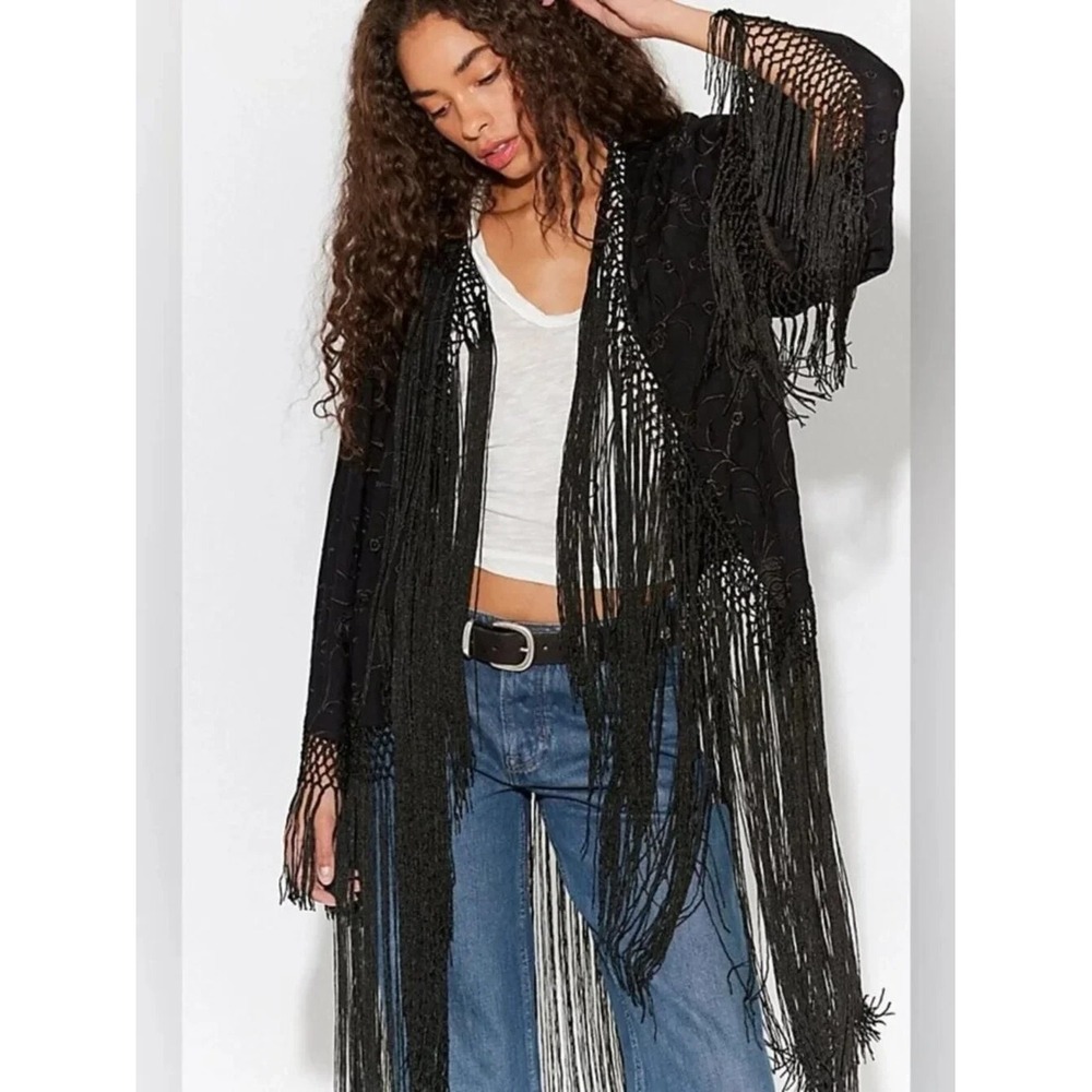 Free People Bohemian London Nights Piano Duster Fringe Kimono Black One Size